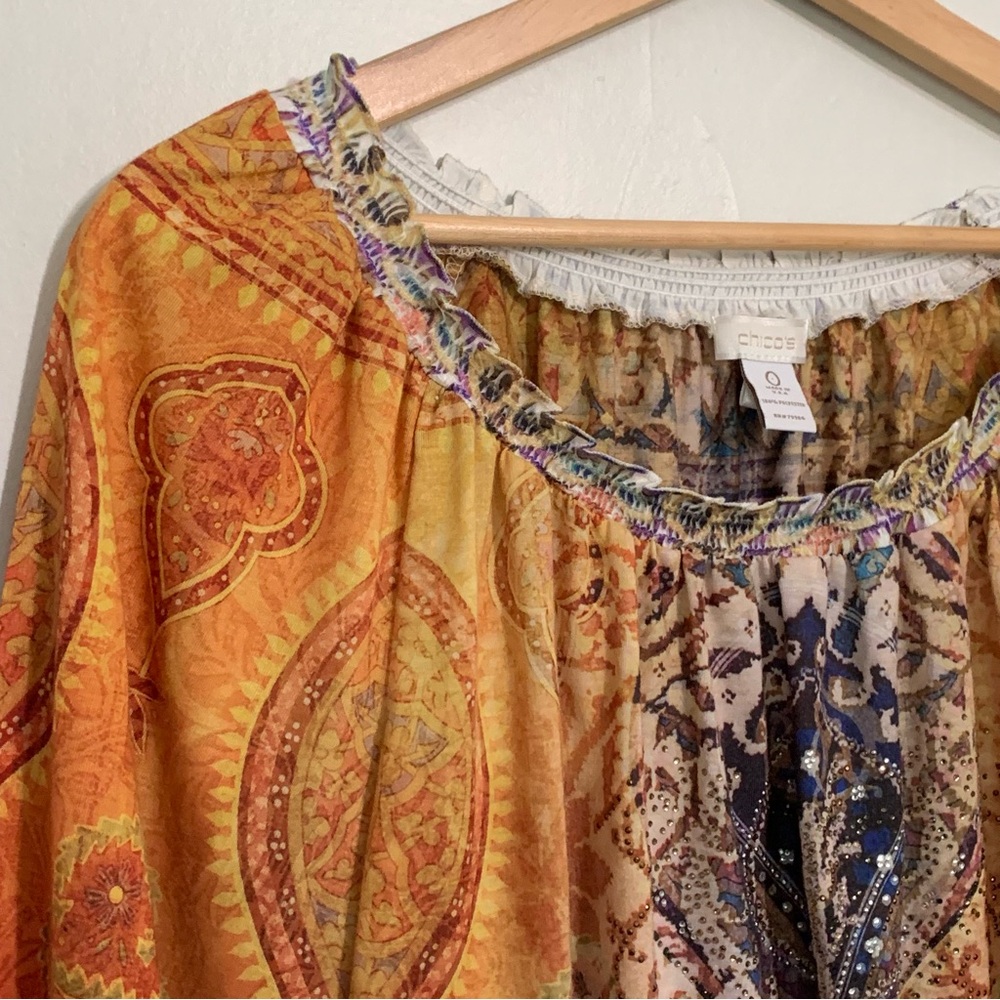 Chico's Lightweight Semi-Sheer Moroccan View Studded Peasant Top Size Small - Picture 3 of 13